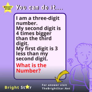 Read more about the article I am a three-digit number. My second digit is 4 times bigger than the third digit. My first digit is 3 less than my second digit. What is the number?