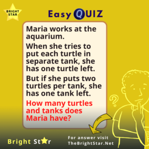 Read more about the article Maria works at the aquarium. When she tries to put each turtle in separate tank, she has one turtle left. But if she puts two turtles per tank, she has one tank left. How many turtles and tanks does Maria have?